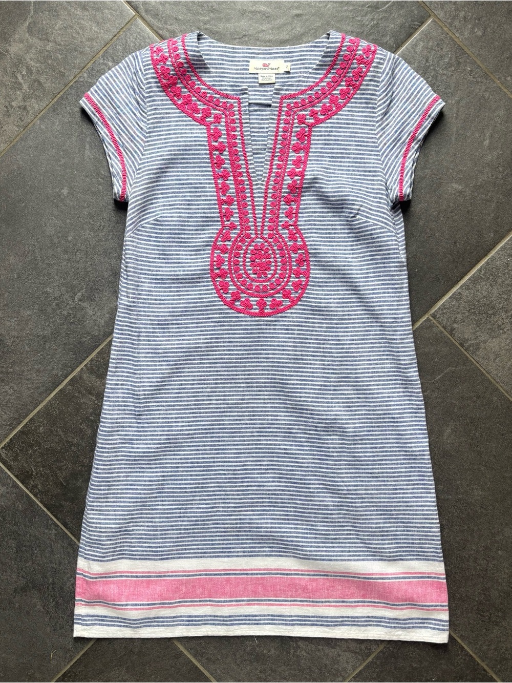 Vineyard Vines Navy and White Striped Linen Embroidered Tunic Dress Sz 2